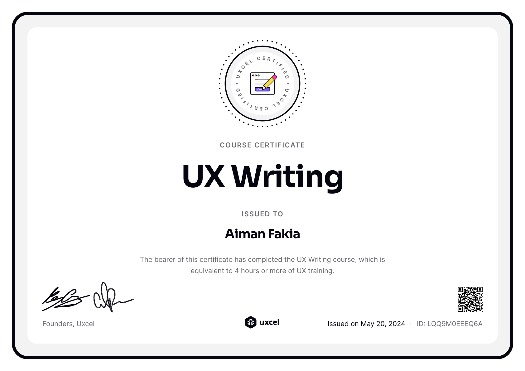 Aiman Fakia's certificate